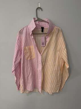 Wild Fable Women's Pink and Yellow Mixed Stripe Oversized Button-Down Shirt